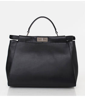 Fendi Cat Pattern Black Leather Small Tote Bag