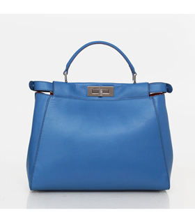 Fendi Cat Pattern Blue Leather Large Tote Bag