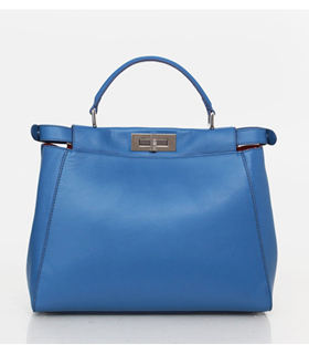 Fendi Cat Pattern Blue Leather Medium Tote Bag