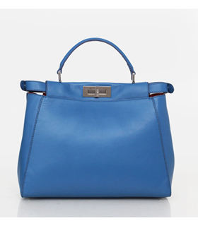 Fendi Cat Pattern Blue Leather Small Tote Bag