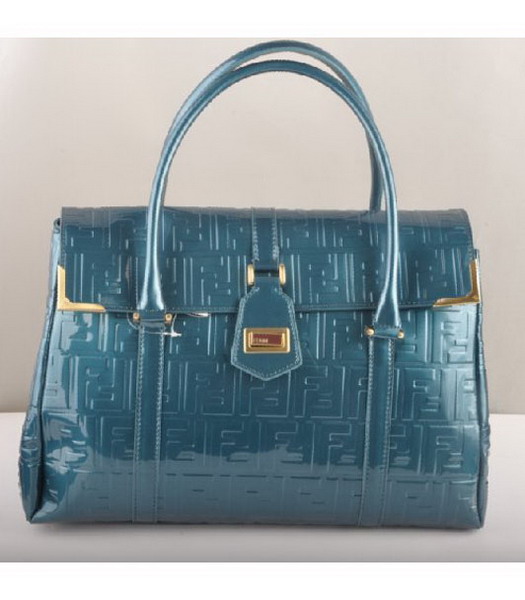 Fendi Classico Embossed Patent Leather Tote Bag Blue