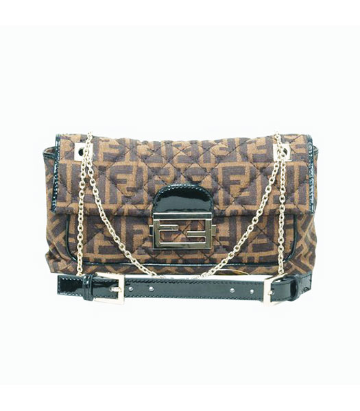 Fendi Coffee Canvas Chain Bag with Patent Leather Trim Black