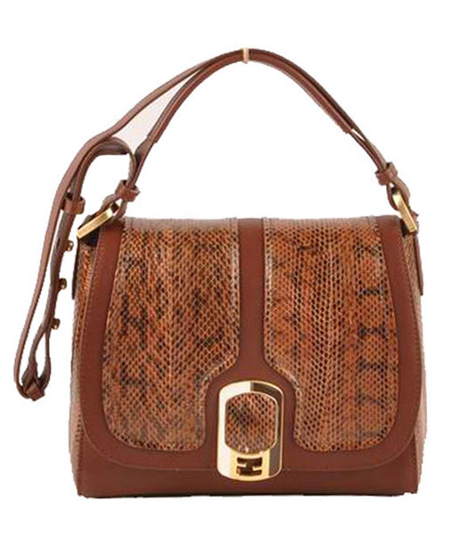 Fendi Coffee Snake Veins Leather With Ferrari Leather Messenger Tote Bag