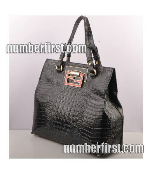 Fendi Croc Veins Calfskin Leather Handbag Black-1
