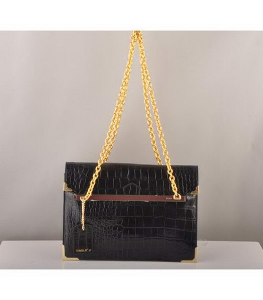 Fendi Croc Veins Leather Chain Bag Black