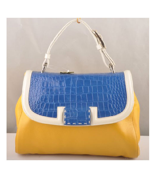 Fendi Croc Veins Leather Tote Bag Yellow_Blue