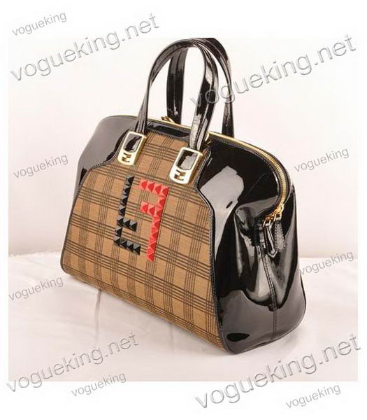 Fendi Damier Fabric With Black Patent Leather Tote Bag-1
