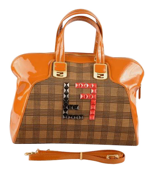 Fendi Damier Fabric With Earth Yellow Patent Leather Tote Bag