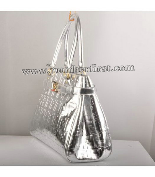 Fendi Embossed Patent Leather Belt Tote Bag Silver-1