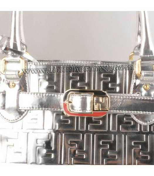 Fendi Embossed Patent Leather Belt Tote Bag Silver-3