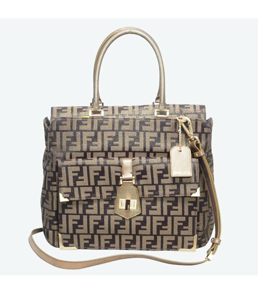 Fendi F Canvas Tote Bag with Golden Leather Trim