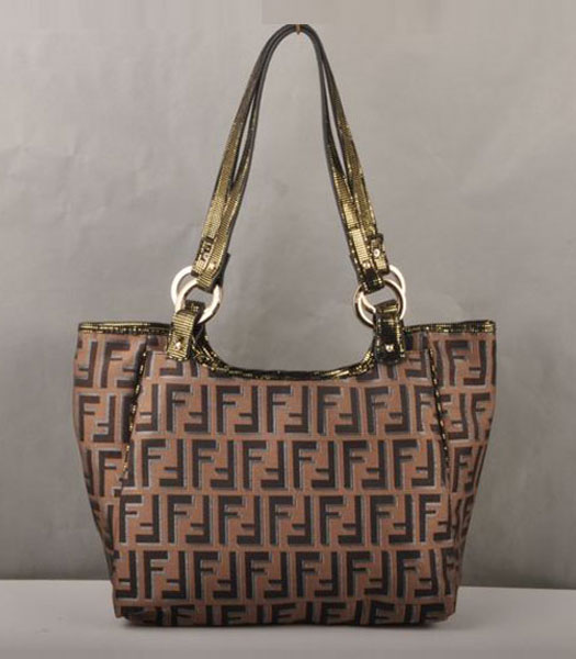 Fendi F Fabric with Gold Grain Leather Small Shouder Bag