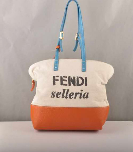 Fendi Fabric Tote Bag Orange Leather with Blue Strap Handle 