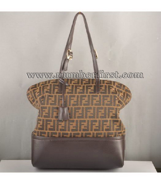 Fendi Fashion Shopper FF Zucca Bag with Coffee Leather Trim-2