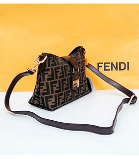 Fendi FF Fabric With Coffee Leather Small Hobo Bag