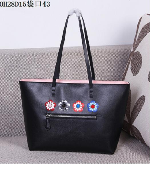 Fendi Flowers Decorative Leather Bag Black&Pink
