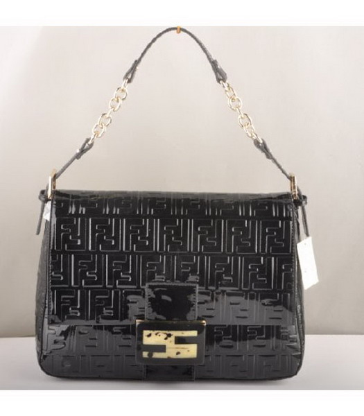 Fendi Forever Mama Large Flap Bag Black Patent Embossed Leather
