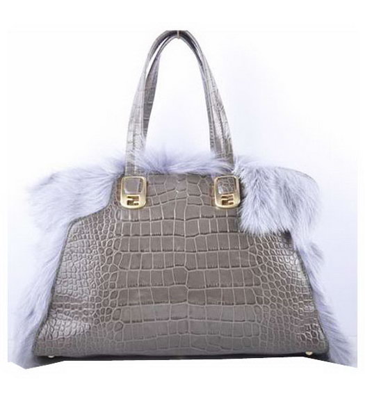 Fendi Grey Wool With Croc Veins Leather Tote Bag