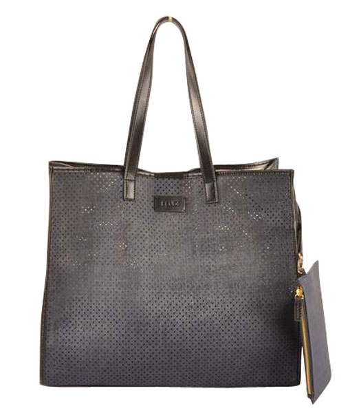 Fendi Large Shopping Bag Blue Calfskin Covered By Holes With Black Leather