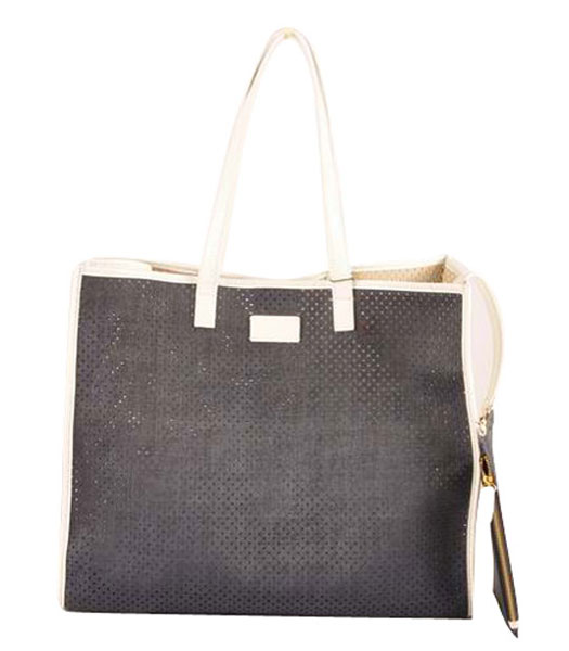 Fendi Large Shopping Bag Blue Calfskin Covered By Holes With White Leather