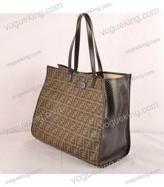 Fendi Large Shopping Bag Coffee F Fabric Covered By Holes With Black Leather-1