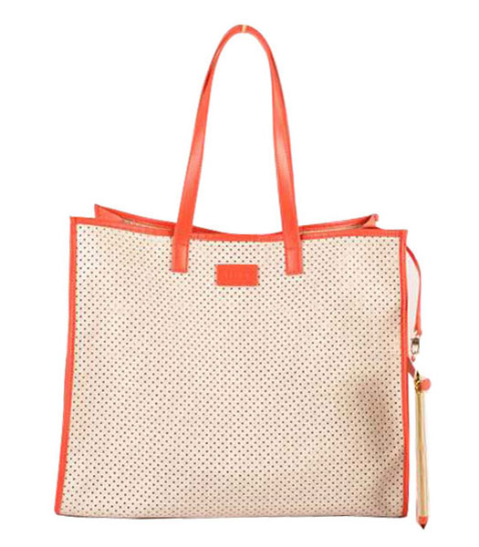 Fendi Large Shopping Bag White Calfskin Covered By Holes With Watermelon Red Leather