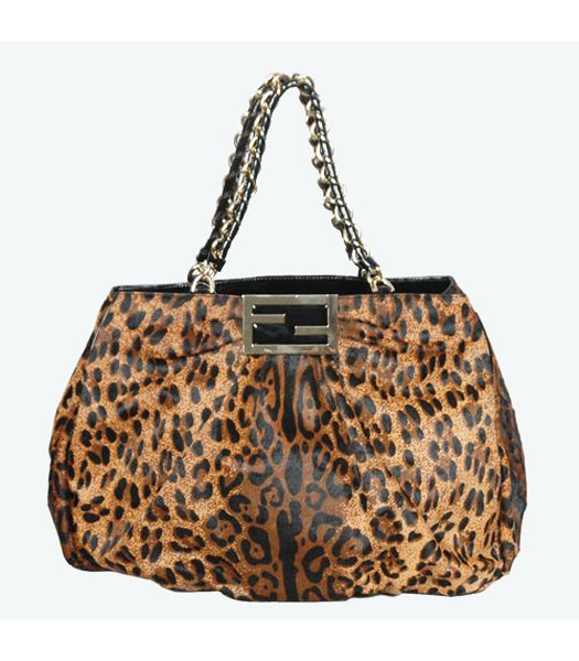 Fendi Leopard Pattern Mia Chain Bag Coffee Horsehair