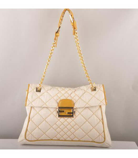 Fendi Maxi Baguette Shoulder Bag White Canvas with Yellow Leather