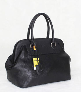 Fendi Medium Black Litchi Pattern Leather Tote Bag
