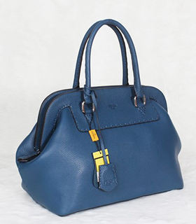 Fendi Medium Dark Blue Litchi Pattern Leather Tote Bag