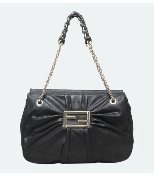 Fendi Mia Zucca Logo Leather Shoulder Bag Black Leather