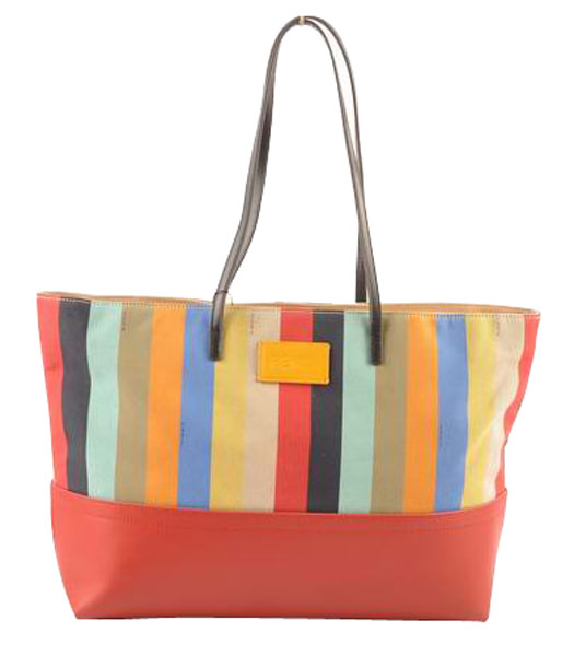 Fendi Multicolor Striped Fabric With Red Leather Shoulder Bag