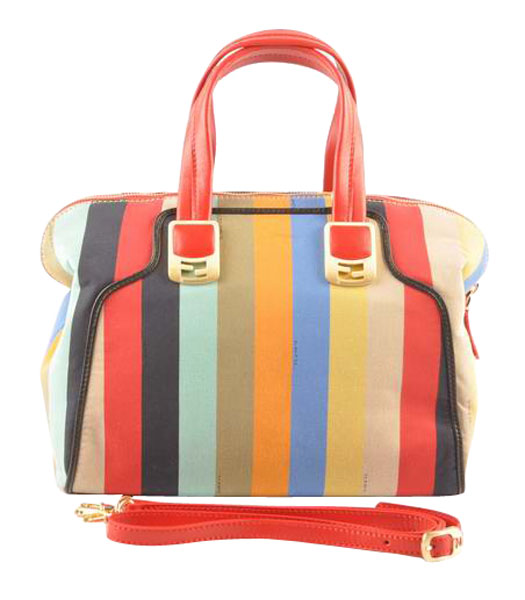 Fendi Multicolor Striped Fabric With RedBlack Leather Small Tote Bag