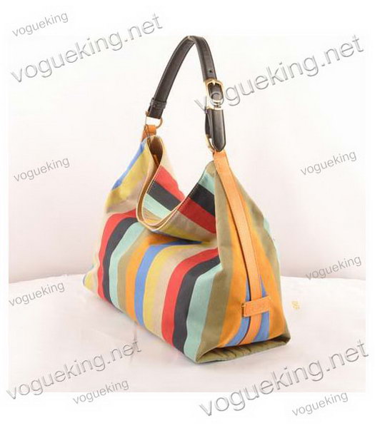 Fendi Multicolor Striped Fabric With YellowBlack Leather Large Hobo Bag-1