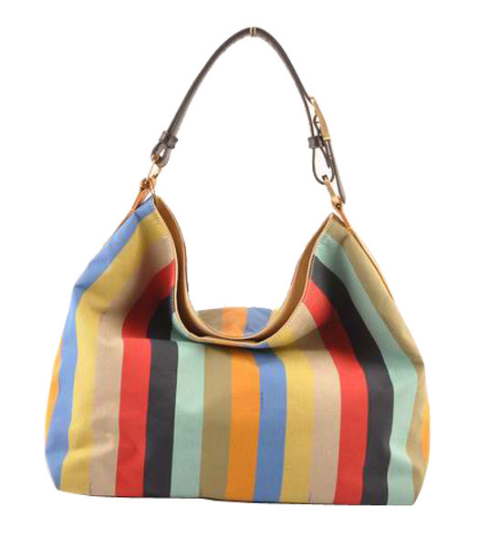 Fendi Multicolor Striped Fabric With YellowBlack Leather Large Hobo Bag