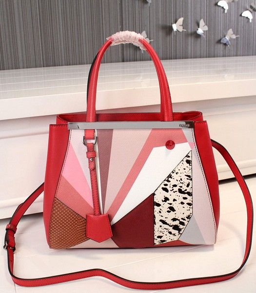Fendi New Style Birds Pattern Red Leather Tote Bag