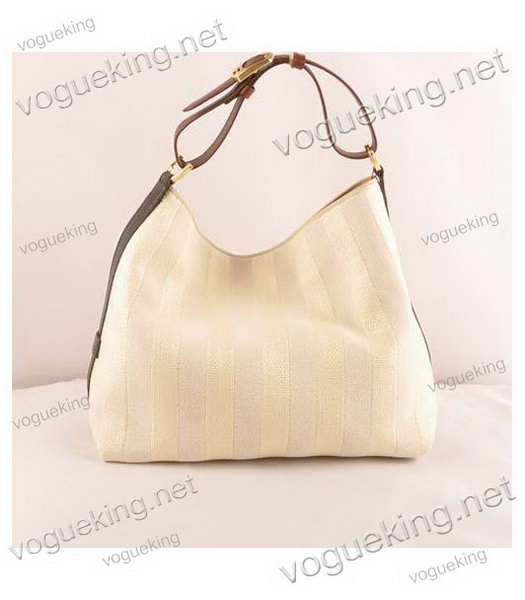 Fendi Offwhite Striped Linen With BlackCoffee Leather Large Hobo Bag-2