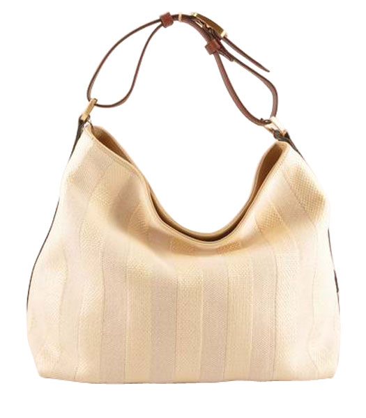 Fendi Offwhite Striped Linen With BlackCoffee Leather Large Hobo Bag