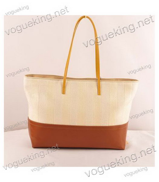 Fendi Offwhite Striped Linen With Earth Yellow Leather Shoulder Bag-2