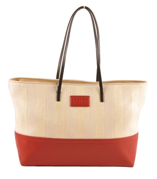 Fendi Offwhite Striped Linen With Red Leather Shoulder Bag