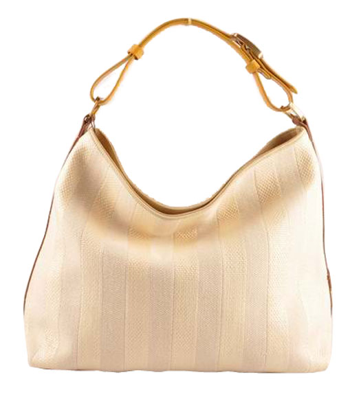 Fendi Offwhite Striped Linen With YellowEarth Yellow Leather Large Hobo Bag