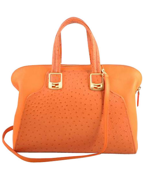Fendi Orange Ostrich Veins Leather Tote Bag