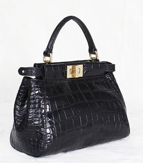 Fendi Peekaboo Black Croc Veins Leather Tote Bag