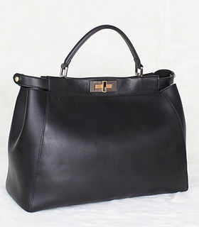 Fendi Peekaboo Black Original Leather Large Tote Bag With Suede Leather Inside