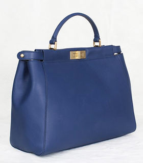 Fendi Peekaboo Blue Original Leather Large Tote Bag With Grey Leather Inside