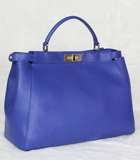 Fendi Peekaboo Blue Original Leather Large Tote Bag With Suede Leather Inside
