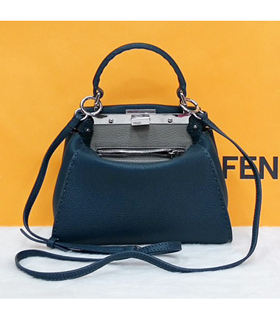 Fendi Peekaboo Dark Blue Litchi Pattern Leather Tote Bag With Khaki Leather Inside