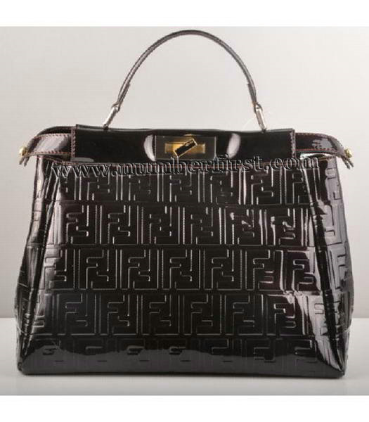 Fendi Peekaboo Embossed Patent Leather Tote Bag Black-2