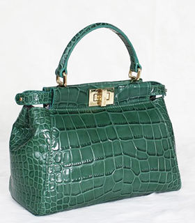 Fendi Peekaboo Green Croc Veins Leather Tote Bag