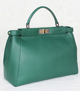 Fendi Peekaboo Green Original Leather Large Tote Bag With Suede Leather Inside